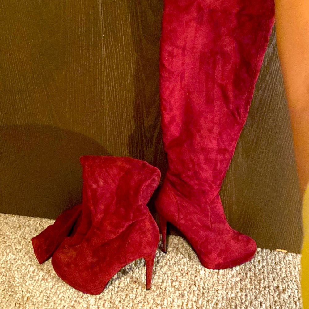 Red thigh high boot heels